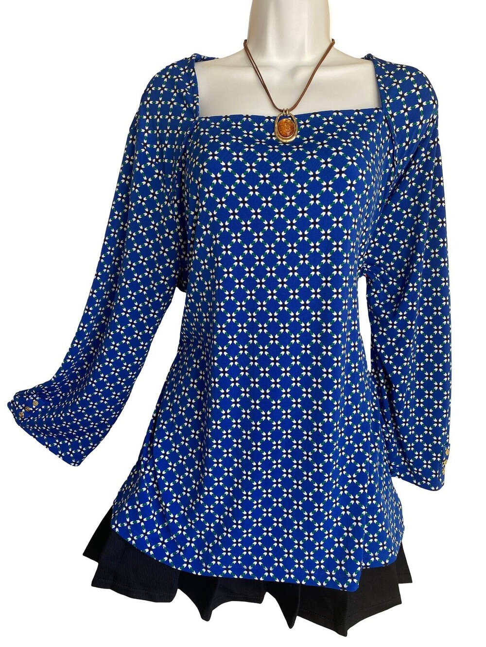 Liz Claiborne Plus 2X Blue Geometric Square Neck Tunic Blouse Whimsigoth